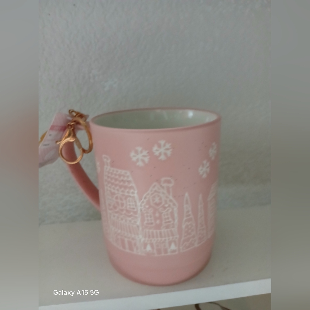 Pink Mug with White Winter Design And Keychain